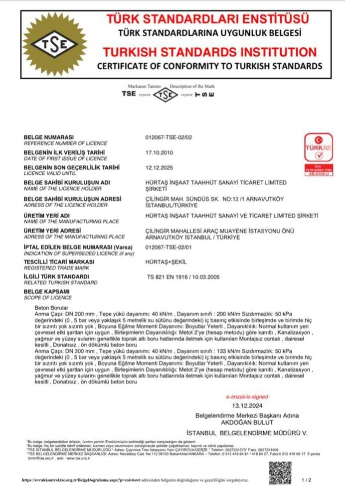 Hürtaş Beton TSE onaylı belge görseli 4